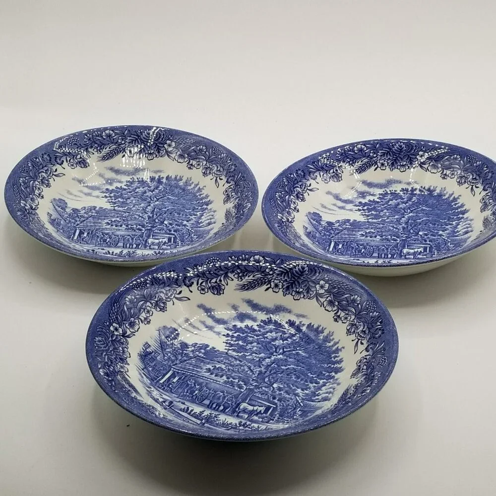 Lot Of 3 Churchill England Soup Bowls 7.75” Farm Scene‎ Horse Oxen Blue Floral